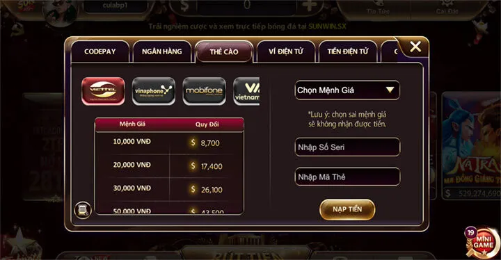 Cách thức phổ biến nạp tiền Sunwin